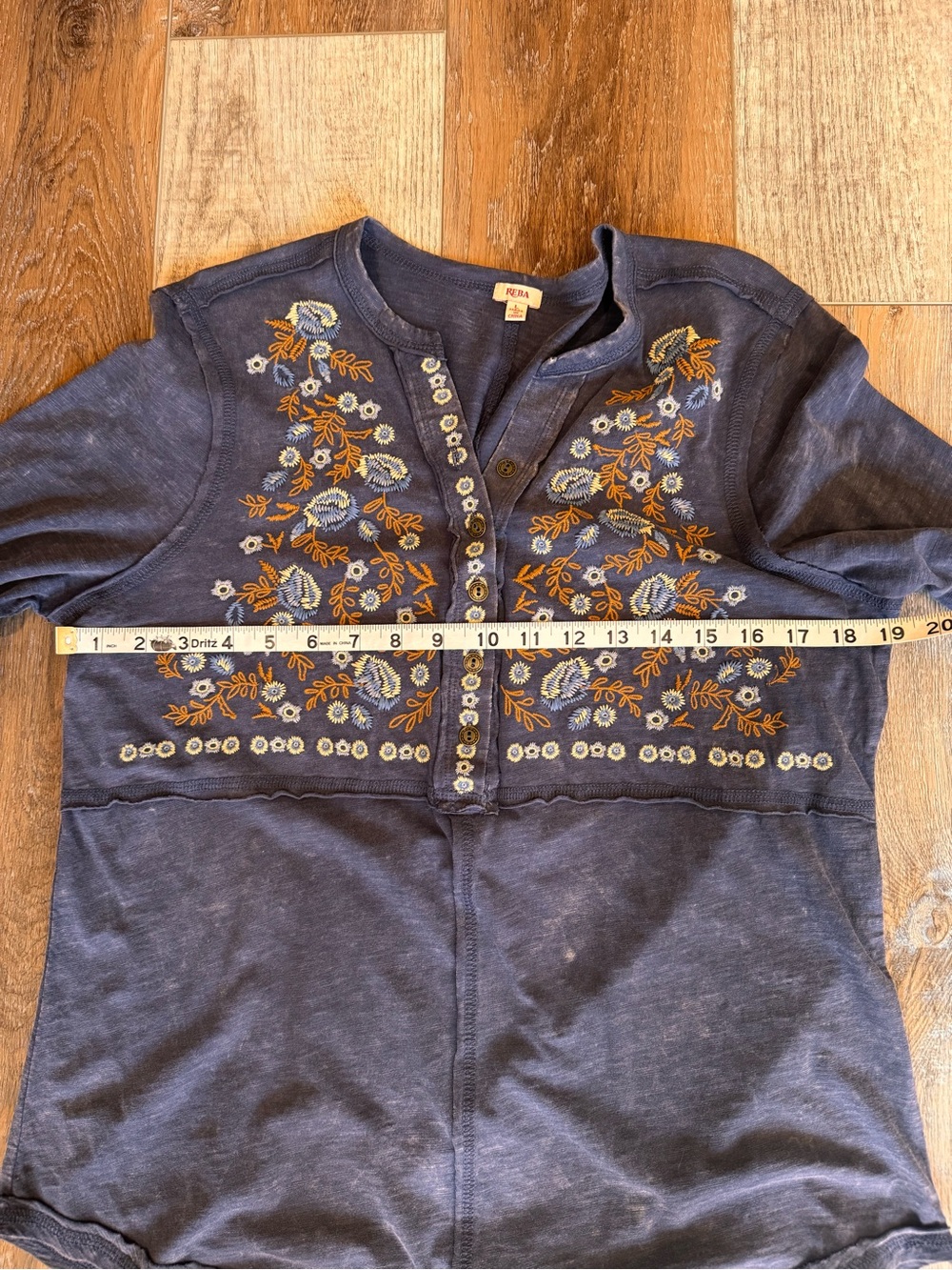 Reba Embroidered Long-Sleeve Henley Blouse — Slate Blue - Picture 8 of 11
